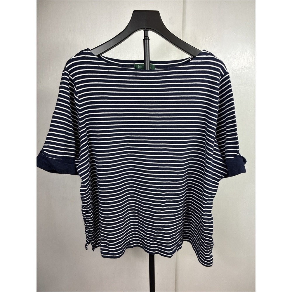 Lauren Ralph Lauren Wom Striped Knit Navy Blue/White Cuff Sleeve Nautical Top 3X